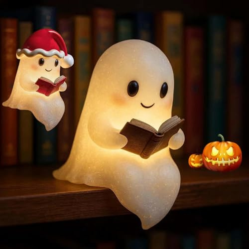Kuisoe Nachttischlampe für Halloween,Niedliche Geister-Leselampe,Nachtlicht für Schlafzimmer, Süße Geist-Leselampe Deko, Geisterlampe, 3D-LED Statue Nachtlicht (Elf*2)