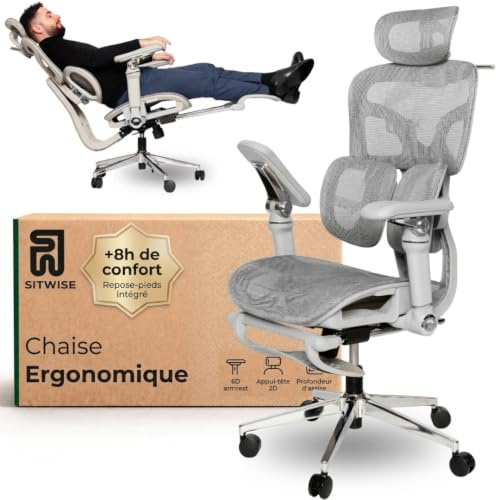 SITWISE Chaise Bureau Ergonomique Confort/réglable, Repose-Pieds, Accoudoirs 6D, Appui Tête 2D, Fauteuil de Bureau avec Double Support Lombaire, Roues Silencieuses, Dossier inclinable
