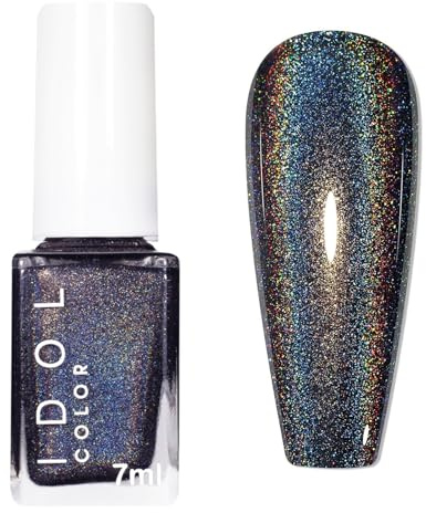 Holographic Nail Polish - Black Glitter Nail Polish - Laser Iridescent Chrome Black Nail Varnish Quick Dry - High Glossy Shiny Long Lasting Nail Polish - Oil-Based Magic Effect Glitter Nail Varnish