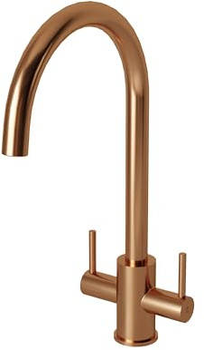 Flode Adria Twin Lever Kitchen Mixer Tap - Brushed Copper - Brass - Swivel Spout - 1/4 Turn Ceramic Disc - Deck-Mounted - 377mm Height