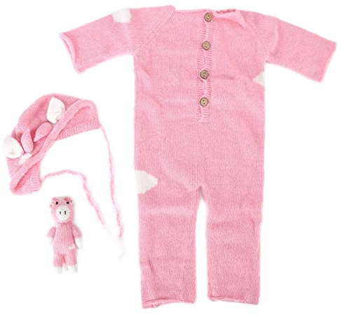Newborn Photography Knitted Jumpsuit Set with Hat and Toy, Soft Infant Photo Shoot Outfit for 0-3 Months Baby Boys and Girls, Cute Overall Costume for Holiday Birthday (Pink)