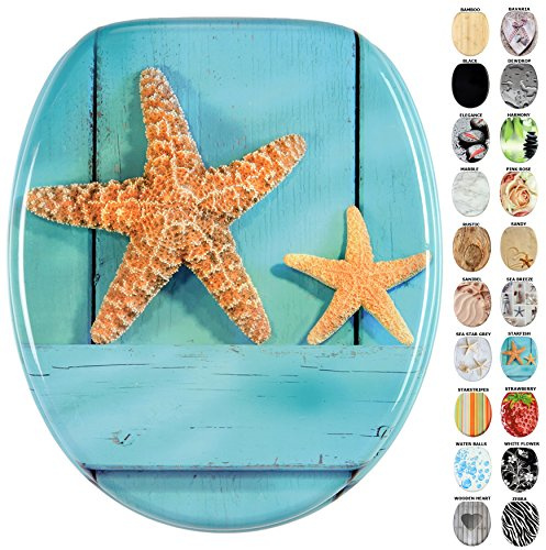 Sanilo Soft Close Toilet Seat with Quick Release, Toilet Lid Detachable at the Press of a Button, Easy Installation from Above (Starfish)