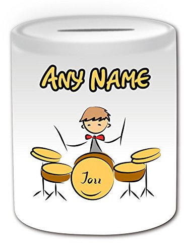 Personalisiertes Geschenk – Schlagzeug-Set Spardose (Sport- und Hobby-Designthema, weiß) – jeder Name / Nachricht auf Ihrem einzigartigen – Sparschwein – Musik-Set Schlagzeuger Jazz Sticks Band Rock