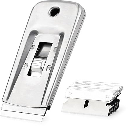 Ehdis Corpo in acciaio Raschietto e 10 lame in acciaio inox, Razor Blade Spatola per colla, colore, decalcomanie, piano cottura e forno, Adesivo di Vetro, Lama tipo rasoio retrattile