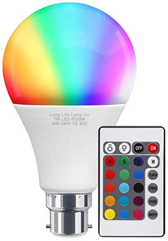 Long Life Lamp Company 7w RGB LED Colour Changing Bulb Remote Control B22 High Brightness Built in Memory