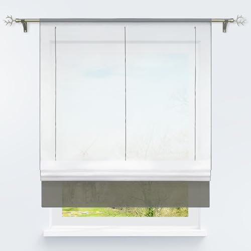 HongYa Bändchenrollo transparenter Voile Raffrollo Tunnelzug Raffgardine Vorhang H/B 155/120 cm Grau