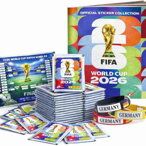 Panini XXL Starter Set Sticker WM 2026 mit Stickeralbum & Stickers zum einkleben - Spielplan zur Weltmeisterschaft 2026 & Armband Deutschand Eigenmarkenbundle (10 Tüten / 70 Sticker)
