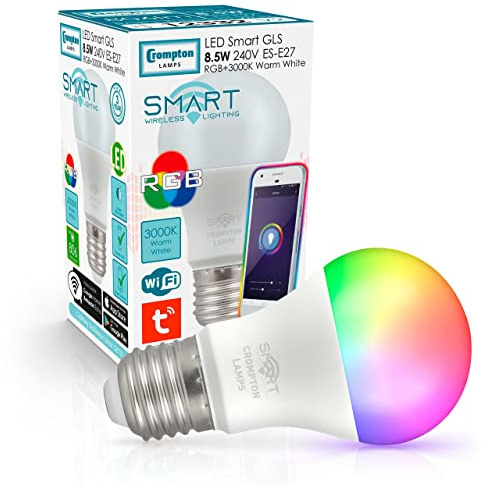 Crompton Lamps LED Smart WiFi GLS 8.5W ES-E27 Dimmable (60W Equivalent) 3000K Warm White + RGB Opal 806lm ES Screw E27 TUYA Colour Changing Thermal Plastic Google Home Light Bulb