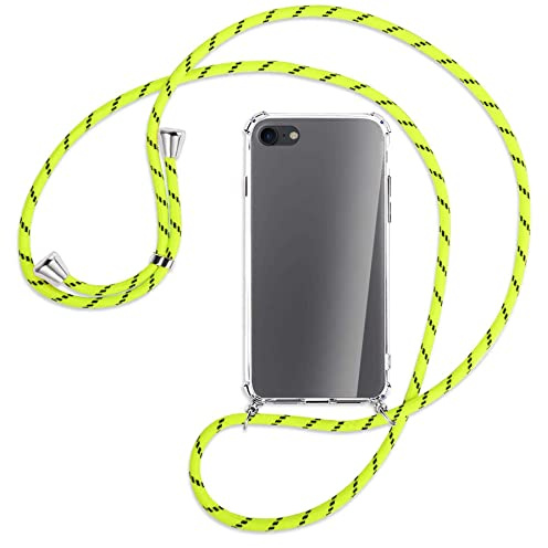mtb more energy Handykette kompatibel mit Apple iPhone SE 2022, 2020, iPhone 8, iPhone 7 (4.7'') - Neon-Gelb gestreift - Smartphone Hülle zum Umhängen - Anti Shock Full TPU Case
