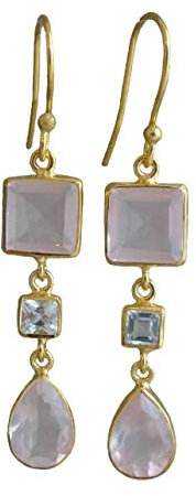 Orecchini Pendenti con Quarzo Rosa e Topazio Blu in Argento Sterling 925 Placcato Oro - Gioielli da Donna con Pietre Naturali