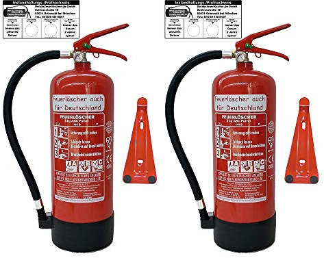 Brandengel® Feuerlöscher 2X 6kg ABC Pulver Brandklasse ABC EN3 Manometer, Messingarmatur + Sicherheitsventil mit Kunststoffstandfuß mit Wandhalter (Mit Prüfnachweis u. Jahresmarke) Haushalt Büro