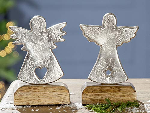GILDE 1 Stück Weihnachtlicher Engel modern,silberfarbend, aus Aluminium und auf Mangoholz, 12,5x8x5cm