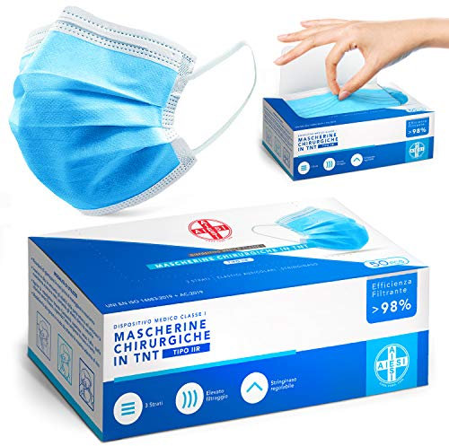 AIESI® Mascherine Chirurgiche certificate in TNT a 3 strati colore azzurro con elastici tipo IIR (Confezione da 50 pezzi), Dispositivo Medico Professionale, Filtrazione batterica 99,9%