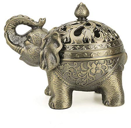 LAUYOO Porte-encens en alliage de zinc poli à la main, couvercle en forme d'éléphant, récupérateur de cendres, décoration d'aromathérapie pour intérieur ou extérieur (Bronze)