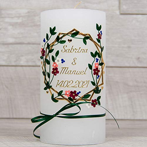 meinkerzenshop Hochzeitskerze Rustik Daisy Traukerze mit Namen und Datum, individuell, persönlich u. handgemacht 17631