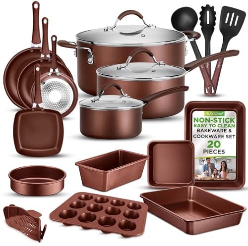 Nutrichef Ensemble de Batterie de Cuisine et de Pâtisserie, Ustensiles de Cuisine et Poêles Antiadhésifs, Adapté pour les Cuisinières à Gaz, Électriques, Induction, Poignées Cool-Touch, 20 Pcs