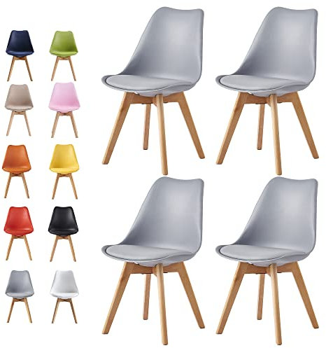 mcc direct Set of 4 Dining Chairs Wooden Legs Soft Cushion Pad Stylish DELUXE Retro Lounge Dining Office EVA (Grey)