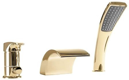 Rea Grifo para bañera con ducha de mano y manguera - Mezclador de cascada de latón - 3 orificios - Estilo moderno - Dorado