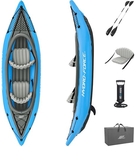 Bestway Hydro-Force Cove Champion aufblasbares Kajak-Set für 2 Personen, inkl. Kajak, 2 Aluminium-Paddel, Handpumpe, 2 Flossen und Tragetasche