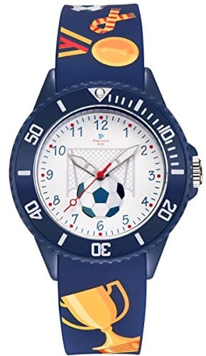 Alienwork Fußball Jungs Lernuhr Kinderuhr Jungen Mädchen Marineblau Silikon-Armband Weiss Kinder-Uhr Wasserdicht 5 ATM Zeit Lernen