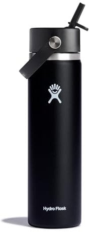 HYDRO FLASK - Trinkflasche 709ml (24oz) mit Strohdeckel - Vakuumisolierte, Wiederverwendbare Flasche aus Edelstahl - Auslaufsicherer Deckel - Größe Öffnung - Black