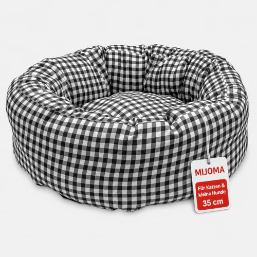MIJOMA Haustierbett Katzenbett Hundebett aus Stoff, Welpen Kissen, weich bequem Hund Bett Katze Schlafen, rund Ø 35cm (Karo schwarz-weiß)