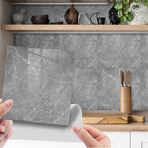 Fantasnight Marble Stick on Tiles 30 x 30cm 24Pcs, Grey Tile Stickers Self Adhesive Wall Tiles, PET Peel and Stick Wall Glossy Stickers for Kitchen Bathroom