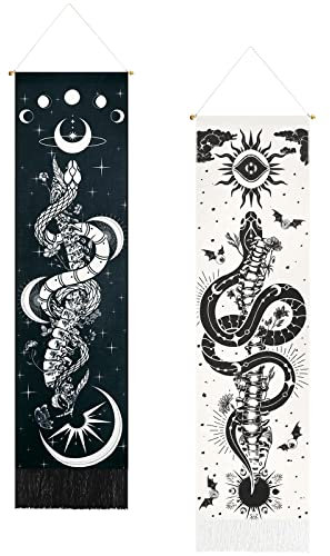 Yugarlibi 2 Pack Schlange Wandteppich Wandbehang Mond Sonne Wandteppich Skelett Mondphasen Tarot Galaxie Wandtuch Blumen Reben Wandkunst für Schlafzimmer Wohnzimmer schwarz und weiß 130x32.5cm