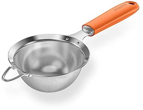 18/8 Stainless Steel Mesh Sieve: U-Taste Kitchen Metal Fine Mesh Sieve Strainer with Riveted Sturdy Silicone Handle and 30 Mesh Hole for Straining Flour, Tea, Coffee, Juice (Orange, 9.9 cm)