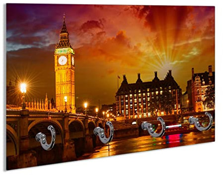 Wallario Schlüsselbrett aus Glas 30 x 20 cm, Wand Schlüsselhalter mit 4 Haken, Motiv: London - Big Ben in strahlenden Farben