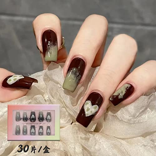 Black Heart Short Coffin Full Cover Fake Nails,30 Pcs Short Square Black Green Gradient Press on Nails for Women Girls,Cute Kawaii Stylish Preppy Reusable False Nails Include Glue