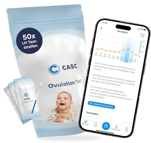 CASC Ovulationstest | 50 x Fruchtbarkeitstest für Frauen mit App - Ovulationstest 10 miu - LH Test - Kinderwunsch Hilfsmittel