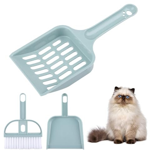Katzenklo Schaufel Besensets, 1 Plastik Katzenstreu Schaufel mit Langem Griff, 1 Besen und 1 Kehrschaufel, Langlebige Katzenstreu Scooper mit kleinen Löchern für Reinigung von Katzensandtoiletten