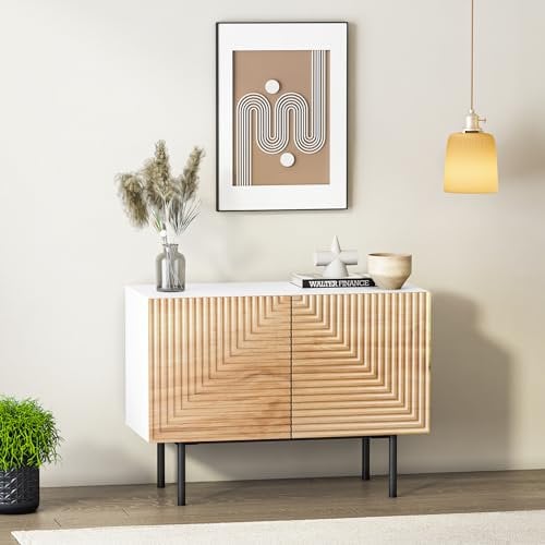 roomfitters Mid-Century Sideboard Buffetschrank, Moderner Akzent-Schrank mit Schnitz Design, Küchenschrank mit Doppeltür, Credenza Flurschrank mit Stauraum, Kommode Holz Wohnzimmer aus Pappelholz