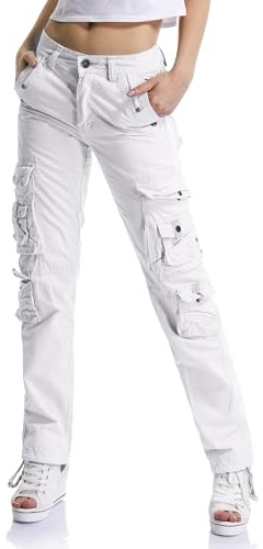 Aeslech Pantalon cargo pour femme, pantalon de travail pour femme, pantalon de combat à jambes droites avec poches pour femme, décontracté, randonnée en plein air, A blanc., 30
