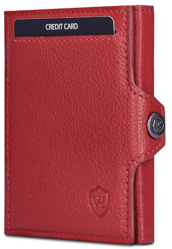 VON HEESEN Slim Wallet mit XXL Münzfach & RFID-Schutz - Leder Geldbeutel - Mini Geldbörse für Herren und Damen - Kartenetui Echtleder Karten Portemonnaie klein - Kreditkartenetui Rot