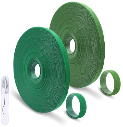 FIHODONE 2 Stück 20m Pflanzenbinder, 10mm Klettband mit Kleiner Schere, Selbstklebendes Klettband, Kabelbinder Klett Wiederverschließbar für Garten Outdoor (Grün, Grasgrün)