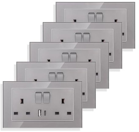 JIMEIDA 5 Pack Grey Double Switched Socket 13 Amp Glass Panel with USB-A And Type-C Charging Ports Crystal Wall Outlet Electric Power Socket