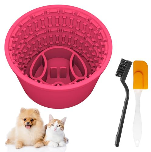 Vegena Silicone Dog Licking Mat Bowl, Slow Feeder Dog Bowl, Dog Licking Bowl, Dog Lick Bowl with Spatula and Brush, Licking Treat Dispenser for Anxiety Relief and Slow Feed Training (Rose Red)