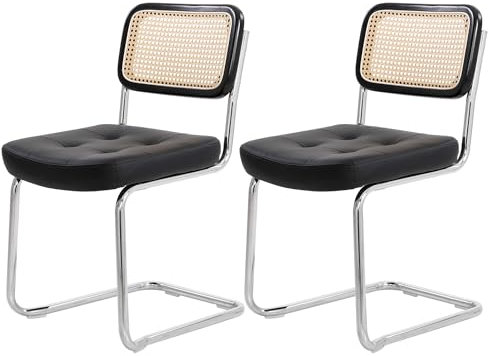 KUKKUME Esszimmerstühle 2er Set Schwingstuhl Freischwinger Stühle Küchenstühle mit Rattan Rückenlehne und Stahlrahmen Polsterstuhl für Esszimmer/Wohnzimmer (Schwarz)