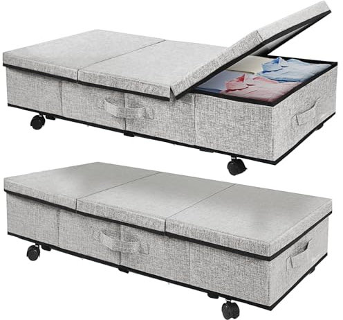 Domigard Bed Storage on Wheels,Large 48L Foldable Under Bed Storage Organiser,2 Pack Compartment Rolling Underbed Storage Boxes with Lids and Handle for Toy, Blanket, Clothes, Shoes