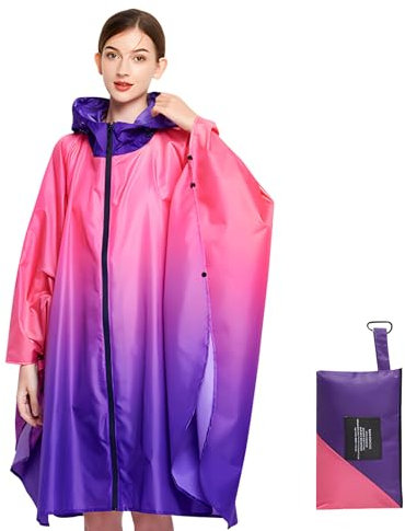 LAMA Poncho de pluie imperméable, léger et réutilisable, veste de pluie de randonnée avec capuche et pochette de transport pour adultes, femmes, hommes, activités de plein air, Rose, XL