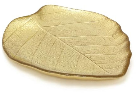 Carousel Home Gold Glass Leaf Trinket Dish | Trinket Tray Leaf Shaped Plate Storage Display Vanity Dish | Botanical Vanity Tray - 18x16cm
