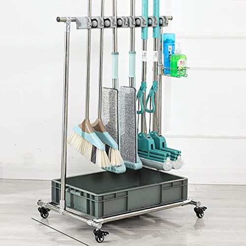 SdaryWare Movable Hand Trucks Broom and Mop Rack,Floor Standing Mop Broom Holder Cleaning Tool Cart,Cleaning Tool Cart,Wet Mop Drain Rack Garden Tool Hanger Shelf with Wheels,Hanging Broom Organizer