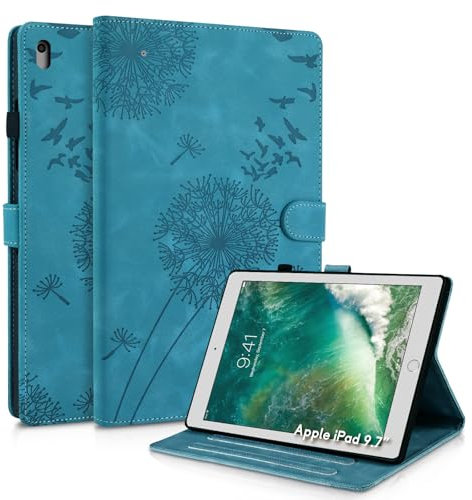 Rostsant Hülle für iPad 9,7 Zoll Löwenzahn PU Leder iPad 9,7 Zoll Flip Case Brieftasche Tasche Hülle für iPad 9,7 Zoll (Modell 2018/2017, 6./5. Generation) Blau