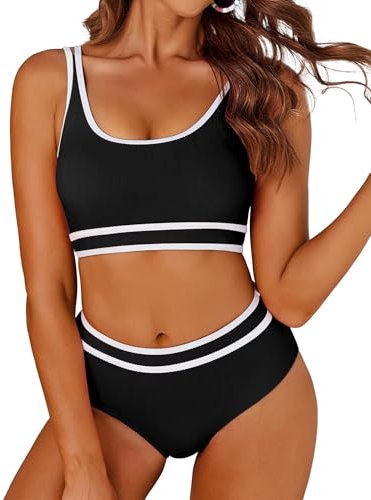 AI'MAGE Bikini Damen Set Badeanzug Bauchweg Sport Bikini-Sets High Waist Bademode Push Up Gerippt, Schwarz L