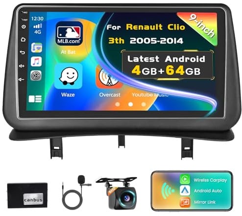 Inefala 4G+64G Autoradio Android 15 para Renault Clio 3 2005-2014 | Pantalla Táctil de 9, CarPlay Inalámbrico, Android Auto, GPS, WiFi, RDS/FM, USB, SWC, BT, Cámara Trasera, MIC