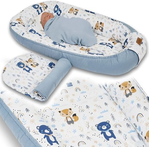 PaLulli® Extra Großes Babynest 100x60 cm | Set mit herausnehmbarer Einlage Baumwolle | Beidseitig nutzbares Kuschelnest für Babys | Handgefertigt, Atmungsaktiv & Sicher (Blau)