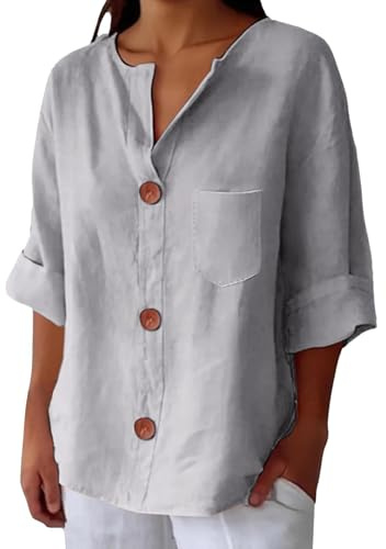 Camisas De Lino para Mujer, Blusas Holgadas Manga 3/4 con Cuello En V, Estilo Playero, Vacaciones, Verano 2026 Camiseta Roja Mujer Larga Camisetas Largas Corta Y Blusa Morada