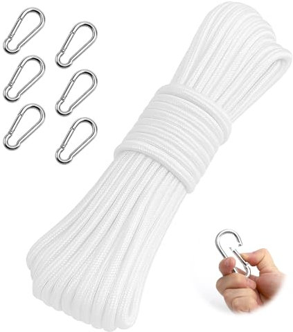 APOMOONS 20m Corde pour Drapeau, 6mm en Polyester RéSistant, Accessoires pour Cordes, avec Crochets, Corde Balancoire Exterieur, avec 6 Crochets en MéTal, pour Drapeau, Jardin, Camping (Blanc)